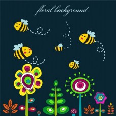 花的背景设计,可爱的卡通蜜蜂自由向量