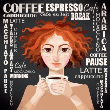 咖啡杯喝咖啡的欧美女孩插画