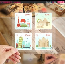 世界建筑手绘世界著名建筑邮票贴纸不干胶