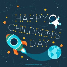 儿童节快乐的一天一个宇航员和一个火箭
