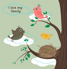 鸟类家庭背景与文本颜色自由矢量插图