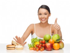 蔬菜与水果竖大拇指的美女与面包蔬菜水果图片