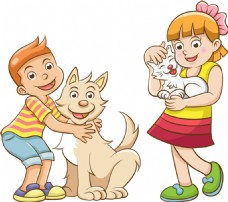 儿童宠物2个儿童和他们的猫狗宠物矢量图