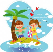 度假放暑假在海边冲浪的卡通男孩女孩