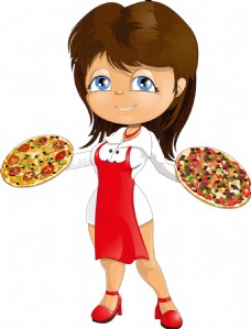 手拿披萨的卡通厨师美女