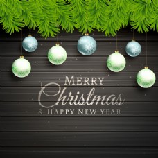 精美圣诞吊球和黑色木板背景贺卡矢量素材