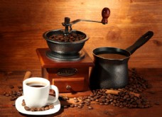 咖啡杯咖啡与咖啡研磨机图片