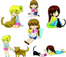 儿童卡通女孩与可爱动物