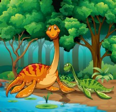 木材树林里的卡通恐龙