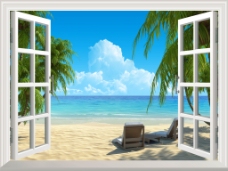 蓝色背景3D窗户大海沙滩椰树