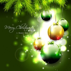 有球和树枝的绿色圣诞背景