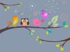鸟类唱歌树背景彩色插图风格自由向量