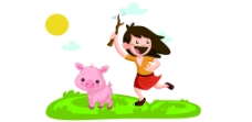可爱小孩可爱卡通扁平化赶小猪的小女孩