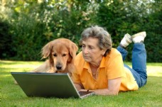 宠物狗在草地上网的老人图片