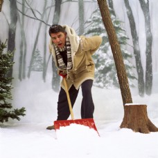 树木铲雪的外国男人图片