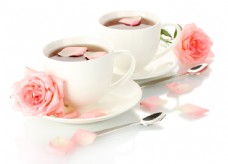 咖啡杯咖啡与粉玫瑰图片