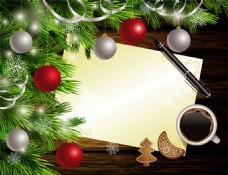 咖啡杯贺卡和圣诞球图片