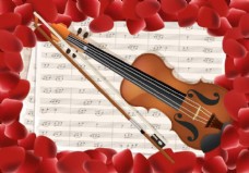 歌曲带有音符键和红色花瓣背景的小提琴