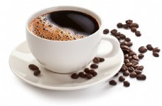 咖啡杯热咖啡与咖啡豆图片