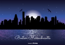 出国旅游海报马萨诸塞州天际线夜景插画设计
