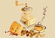手绘咖啡机和咖啡豆