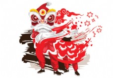 矢量水墨风格插画中国传统舞狮节背景