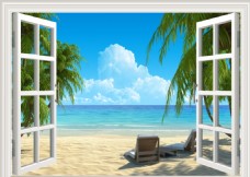沙滩大海3D窗户大海沙滩椰树背景