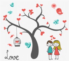 树木卡通爱心树与情侣矢量素材